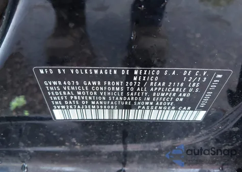 2014 Volkswagen Jetta 2.0L S из США, поврежденный, VIN 3VW2K7AJ3EM398082